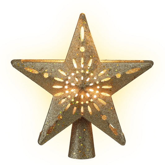 Gold Star Christmas Tree Topper with Snowflake Projector Light – 5M Cable, Adjustable Angle, Safe Transformer