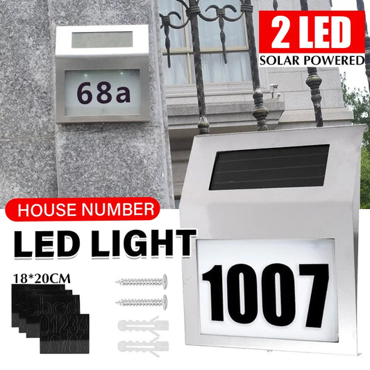 Solar Powered House Number LED Light Stainless Steel Address Signs Wall Lamps