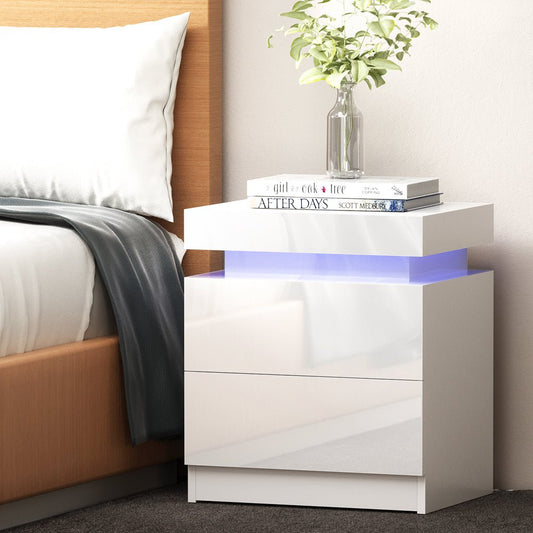 Bedside Table With LED x2 Drawers Lift - up Storage - COLEY White - Direct On Sale
