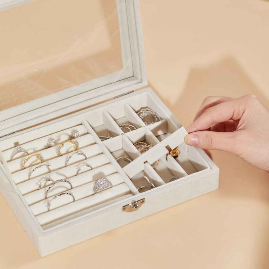 Compact Glass Lid Jewelry Box with Lock 9 Compartment Jewelry Organiser - Direct On Sale