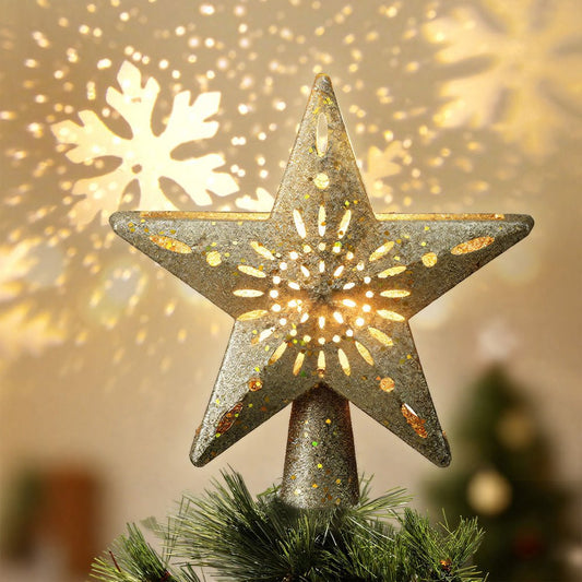 Gold Star Christmas Tree Topper with Snowflake Projector Light – 5M Cable, Adjustable Angle, Safe Transformer - Direct On Sale