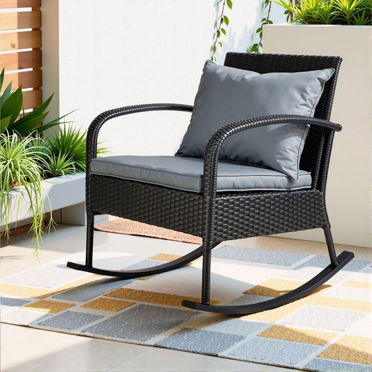 Outdoor Furniture Rocking Chair Wicker Garden Patio Lounge Setting Black - Direct On Sale