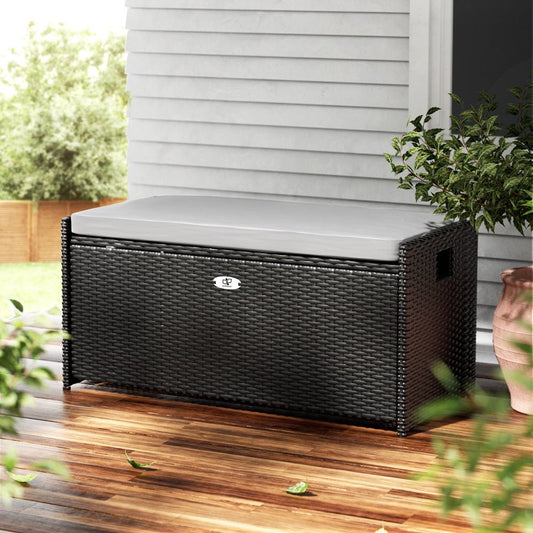 Outdoor Storage Bench Box Wicker Garden Sheds Tools Cushion Patio Furniture Black - Direct On Sale