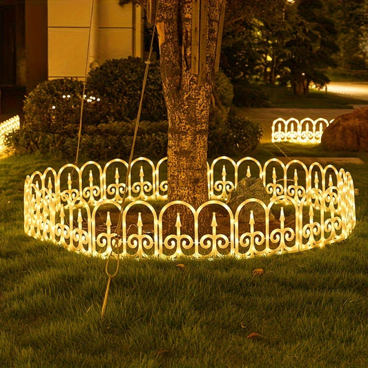 8-pack solar LED fence lights along an outdoor fence