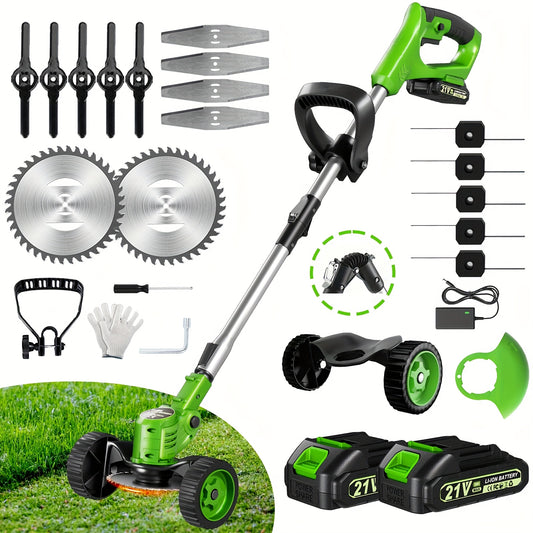 21V Cordless Weed Wacker Lightweight Edger Grass Trimmer/Lawn Edger/Mower/Brush Cutter With 3 Types Blades And Wheels