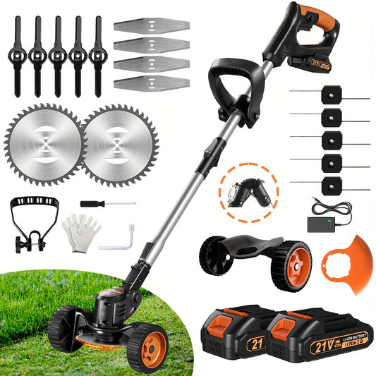 21V Cordless Weed Wacker Lightweight Edger Grass Trimmer/Lawn Edger/Mower/Brush Cutter With 3 Types Blades And Wheels