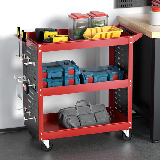 3 - Tier Tool Cart Storage Trolley Workshop Garage Pegboard Hooks Red - Direct On Sale