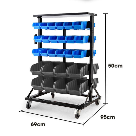 52 Parts Bin Rack Storage System Mobile Double - Sided Industrial Shelving - Blue - Direct On Sale