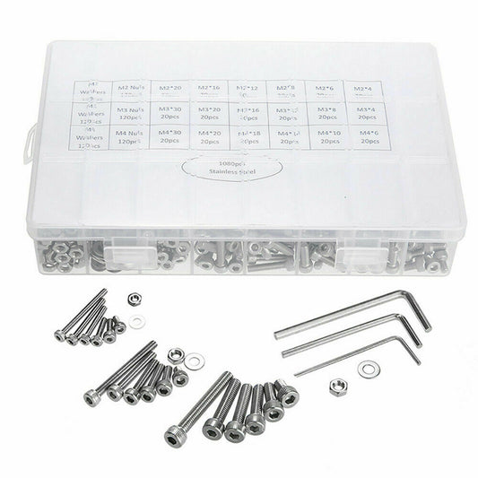 1080pcs M2/M3/M4 Stainless Steel Bolts Nuts Screws Hex Head Assorted Kit Set