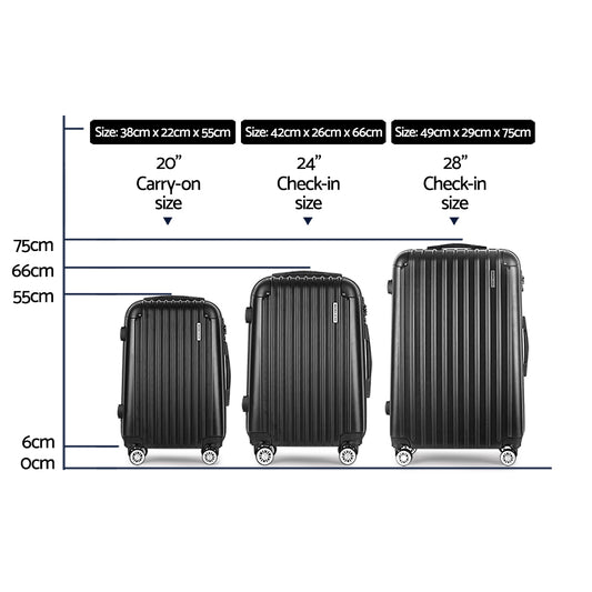 3pcs Luggage Set Travel Suitcase Storage Organiser TSA lock Black