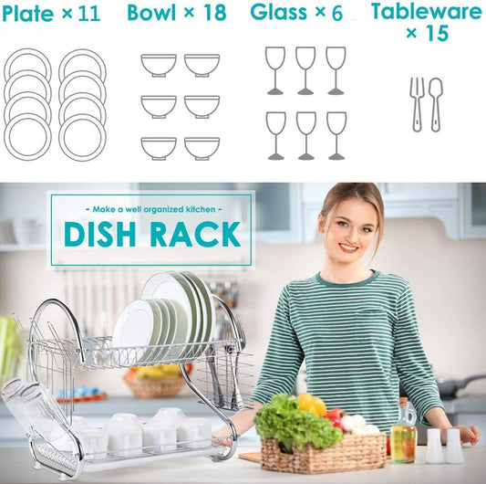 2 Tier Dish Rack with Drain Board for Kitchen Counter and Plated Chrome Dish Dryer