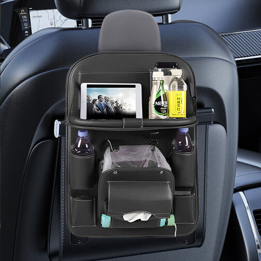 2X PU Leather Car Seat Back Organiser Storage Bag Foldable Table Tray Cup Holder