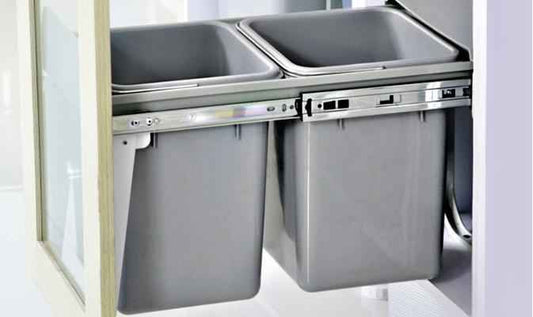 Twin Pull Out Kitchen Bins 15L with Double Dual Sliding Design Easy to Install Waste Basket - Grey - Direct On Sale