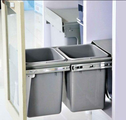 Twin Pull Out Kitchen Bins 15L with Double Dual Sliding Design Easy to Install Waste Basket - Grey - Direct On Sale