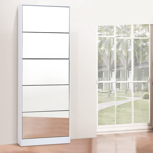 5 Drawer Mirrored Wooden Shoe Cabinet 63cm x 17cm x 170cm