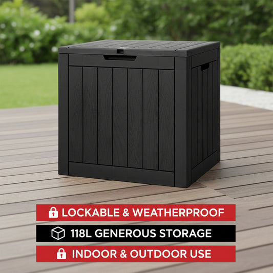 Outdoor Storage Box 118L Container Lockable Indoor Garden Toy Tool Shed Black - Direct On Sale
