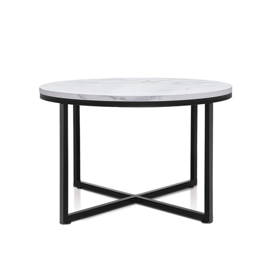 Round Marble Effect Coffee Table Side Tables Bedside Black Metal - Direct On Sale