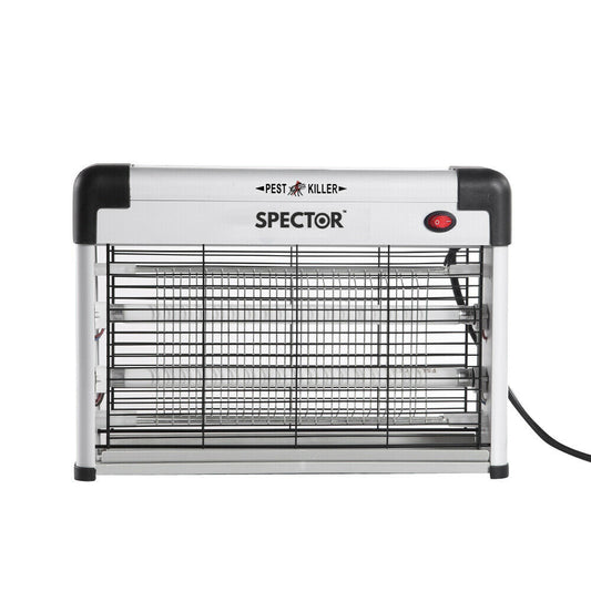 Electric insect killer with UV light tubes, featuring a white body with a black back and a mesh front, designed to attract and eliminate pests.