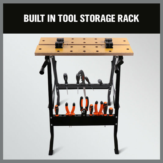 Foldable Work Bench Mobile Sawhorse Garage Trestle Wood Cutting Anti-slip Table