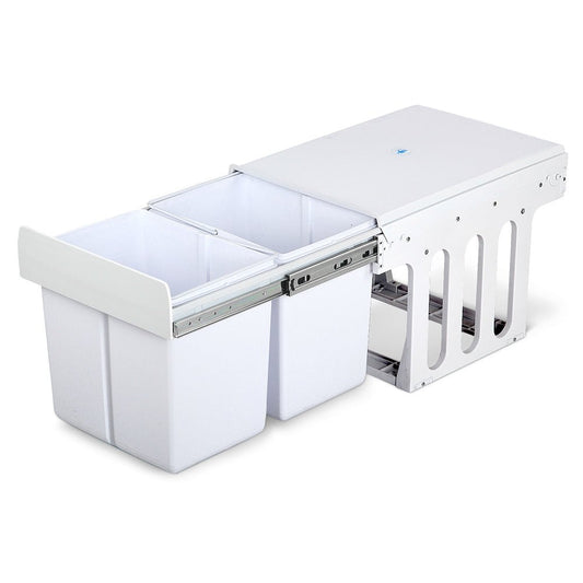 Twin Pull Out Kitchen Bins 15L with Double Dual Sliding Design Easy to Install Waste Basket - White - Direct On Sale