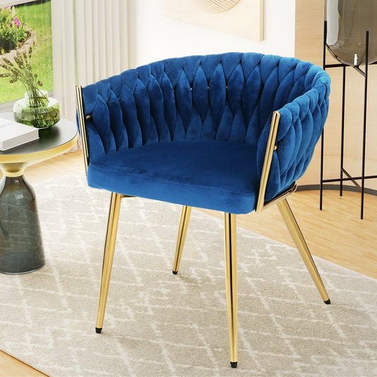 Velvet Upholstered Woven Back Armrest Blue Dining Chair - Direct On Sale