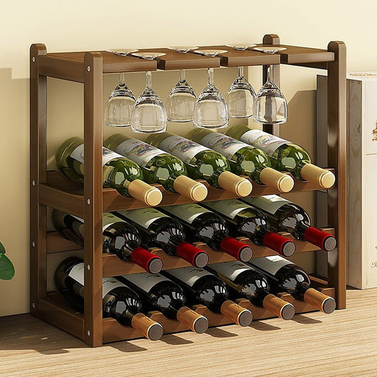 Wine Rack Free Standing 15 Bottles with 6 Glasses Holder Bamboo Wine Storage - Direct On Sale