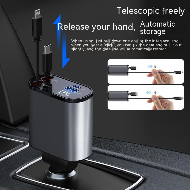 Retractable car charger with adjustable pivoting head