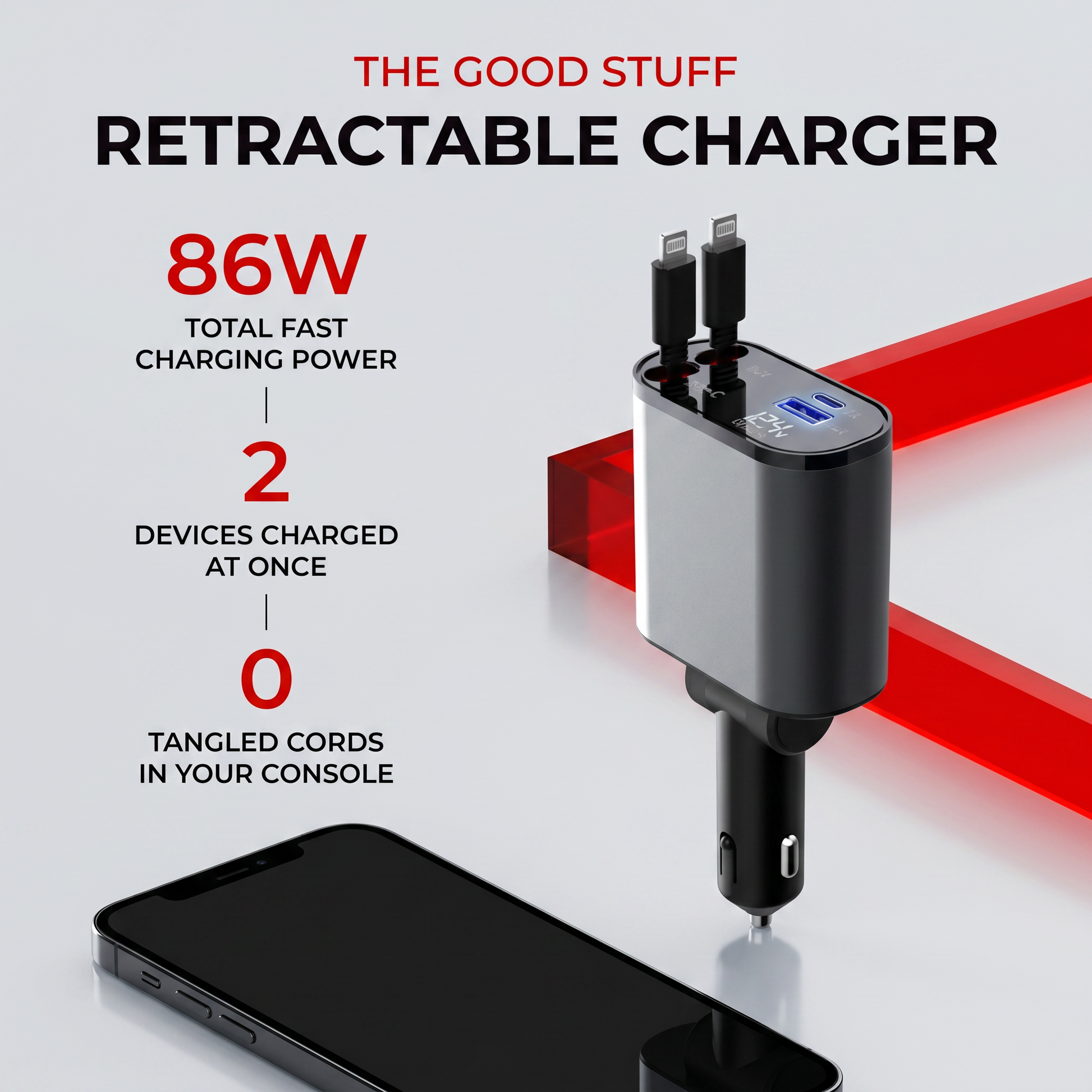 Retractable charger with fast charging power display on a white background