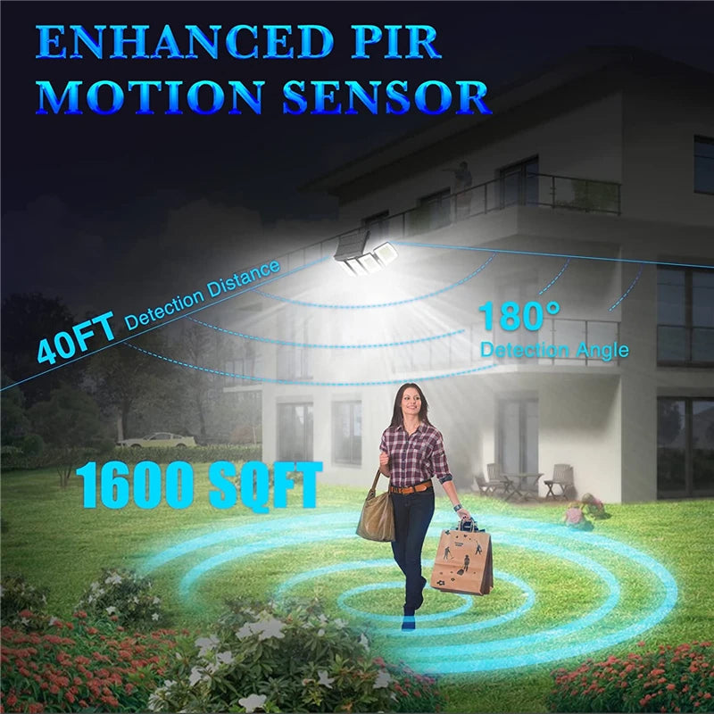 Motion sensor solar flood light lighting a yard