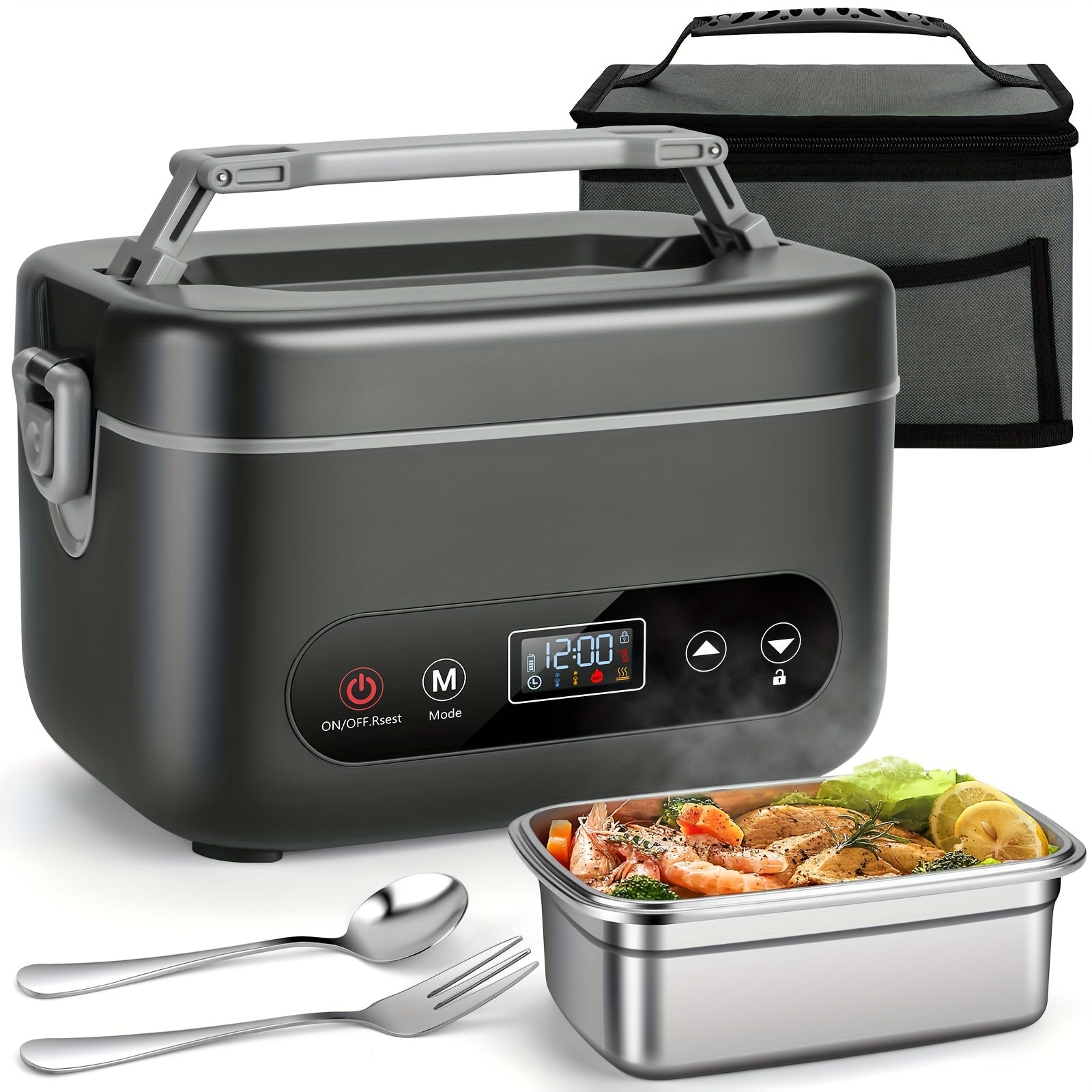 Black electric lunch box with digital display, food container, and utensils on a white background