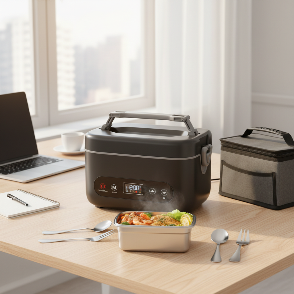 Lunch box with food on a desk next to a laptop
