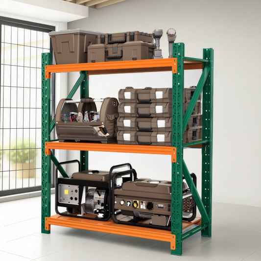 Storage rack with orange shelves holding various items including a generator in a room with large windows.