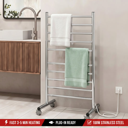 Towel rack with towels in a bathroom setting