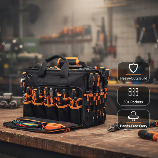 Black and orange tool bag with tools and accessories on a white background
