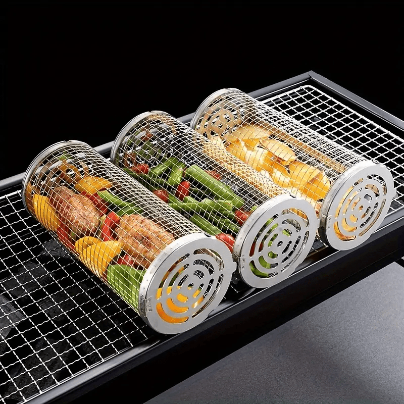 2 - Pack Stainless Steel Rotating Grill Baskets with Removable Wooden Handle - Direct On Sale