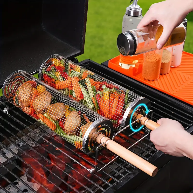 2 - Pack Stainless Steel Rotating Grill Baskets with Removable Wooden Handle - Direct On Sale