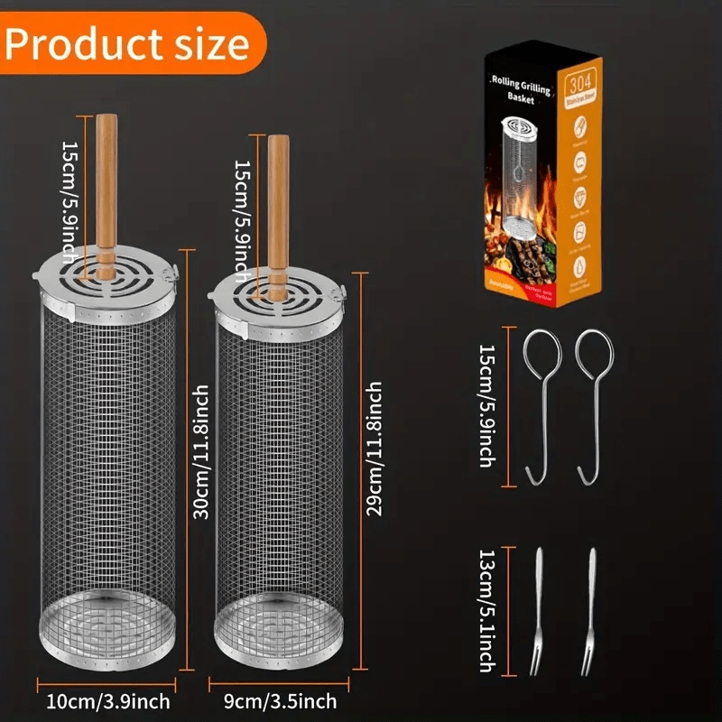 2 - Pack Stainless Steel Rotating Grill Baskets with Removable Wooden Handle - Direct On Sale