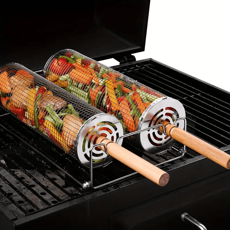 2 - Pack Stainless Steel Rotating Grill Baskets with Removable Wooden Handle - Direct On Sale