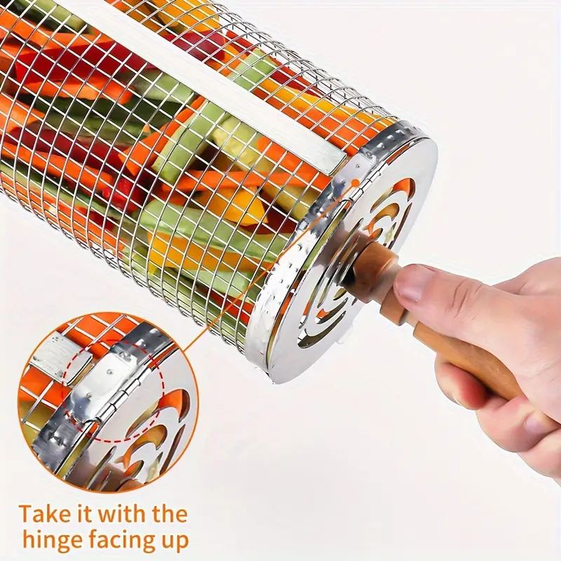 2 - Pack Stainless Steel Rotating Grill Baskets with Removable Wooden Handle - Direct On Sale