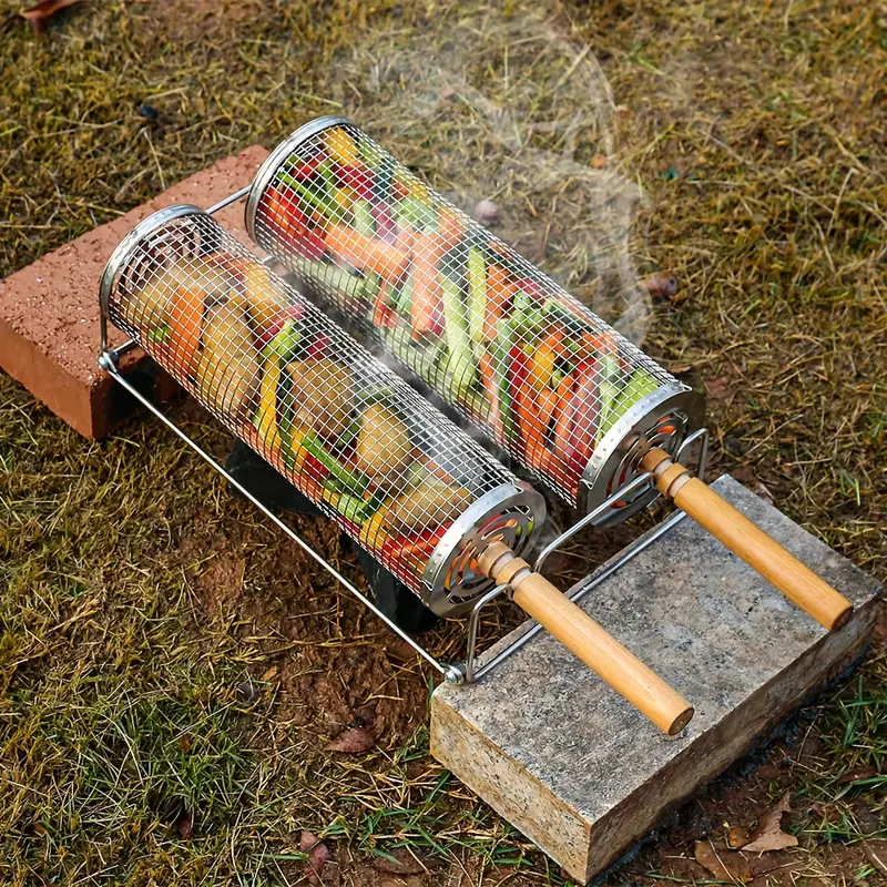 2 - Pack Stainless Steel Rotating Grill Baskets with Removable Wooden Handle - Direct On Sale