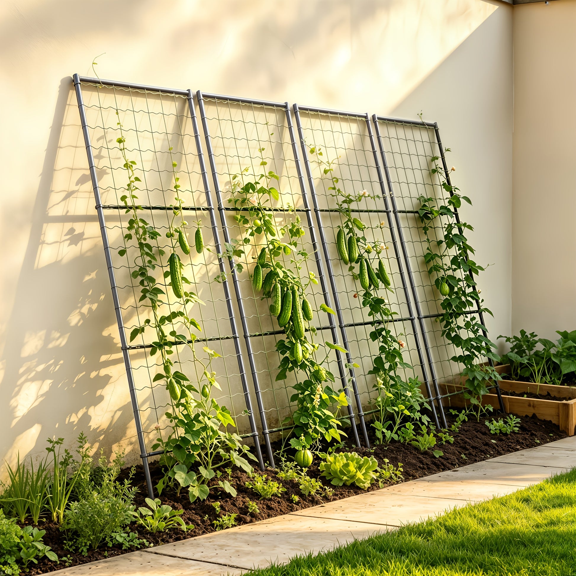 Garden trellis supporting climbing vegetables