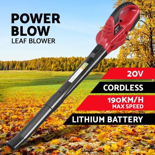 Red and black power leaf blower with specifications on a background of a field with falling leaves.