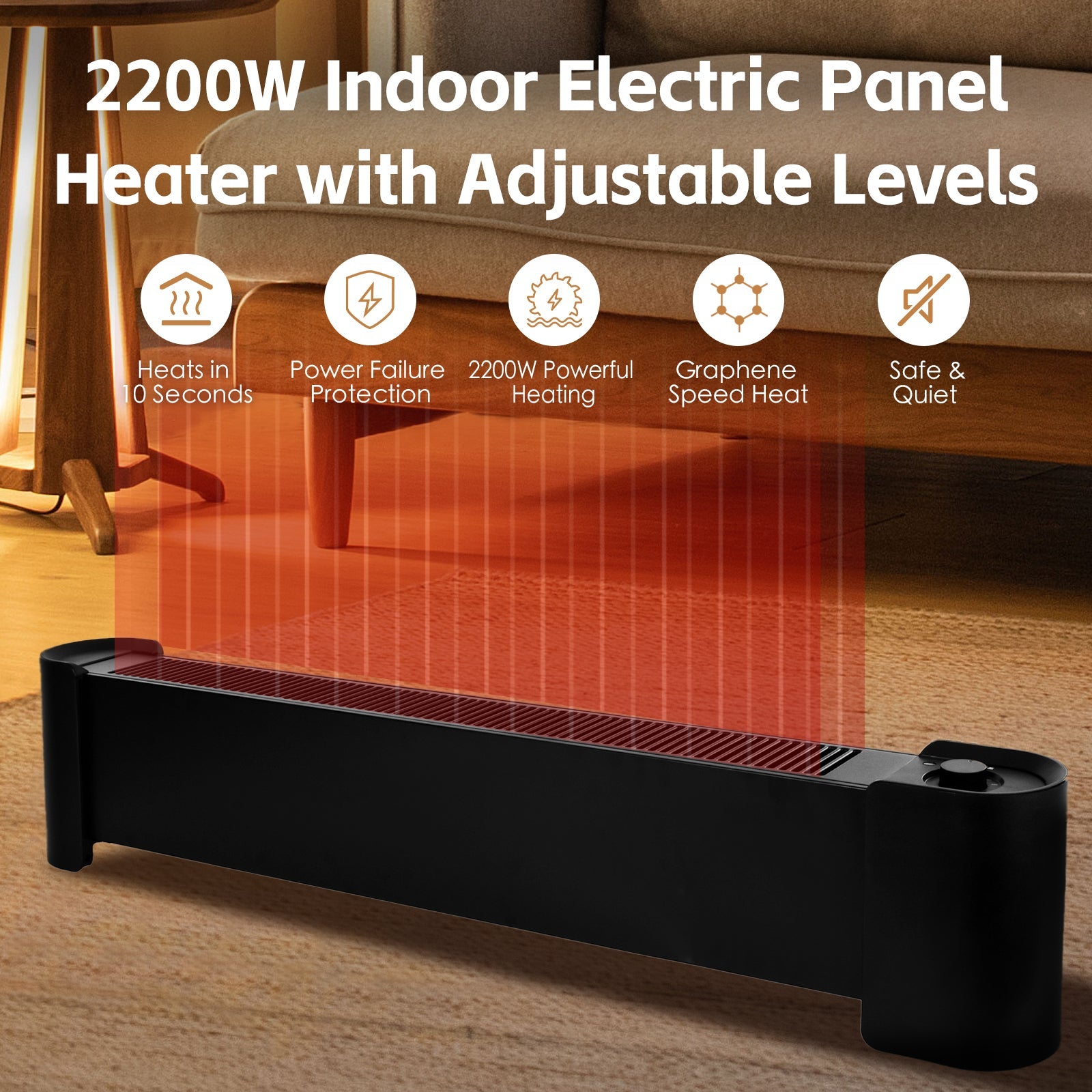 2200W Indoor Electric Panel Heater with adjustable levels on a wooden floor.