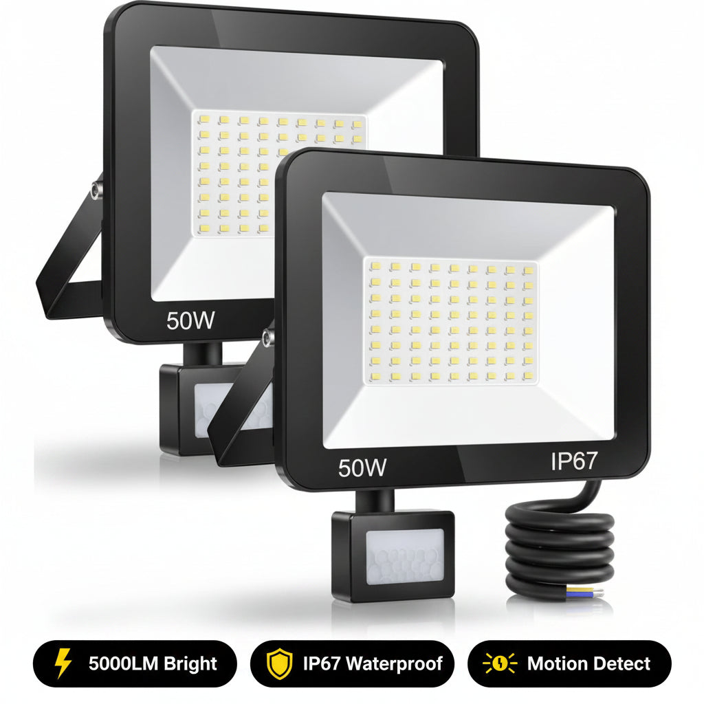 Two LED flood lights with 50W rating and IP67 rating on a white background