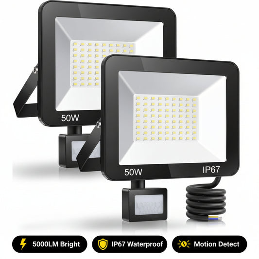 Two LED flood lights with 50W rating and IP67 rating on a white background