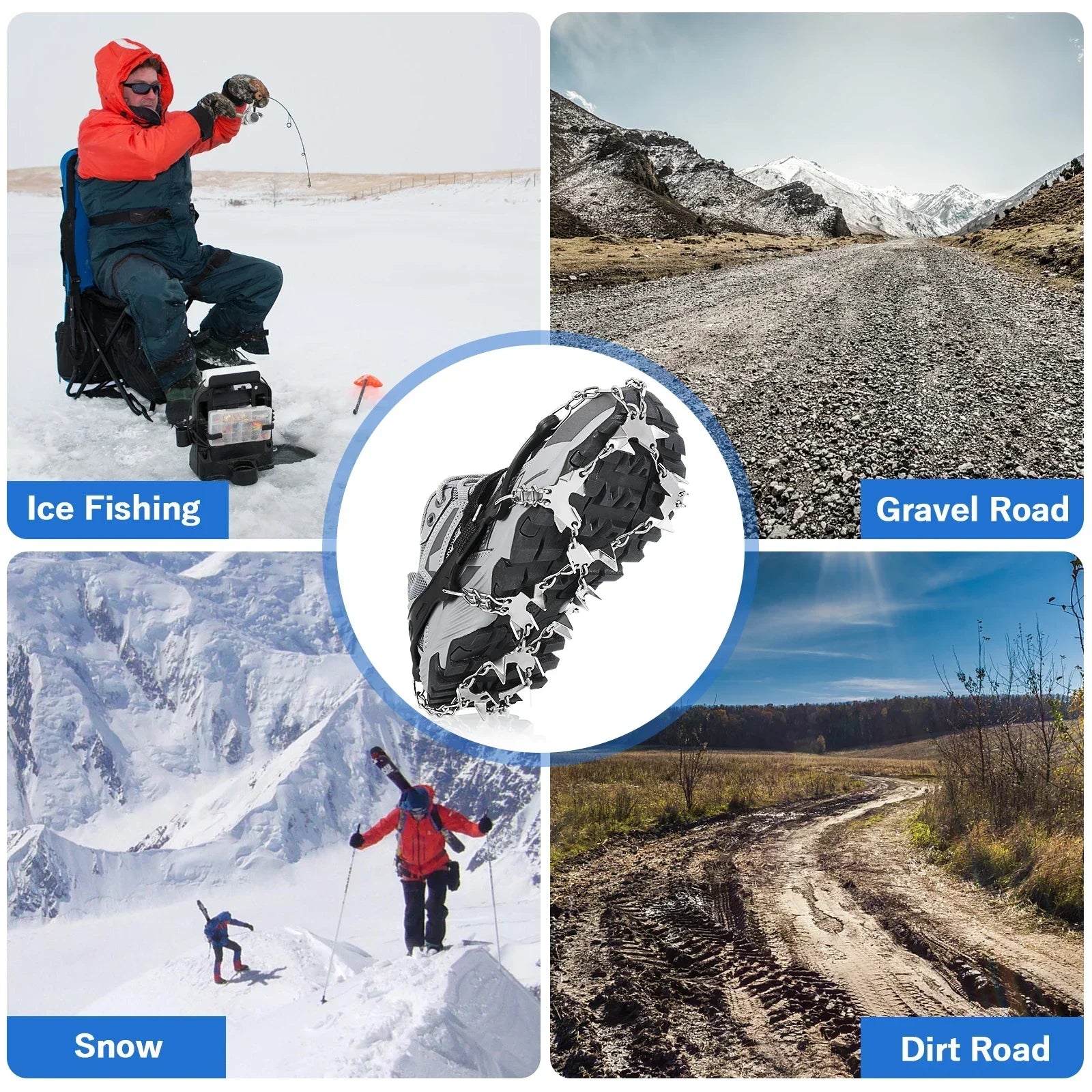 Ice cleats with stretchy harness pulling over a shoe