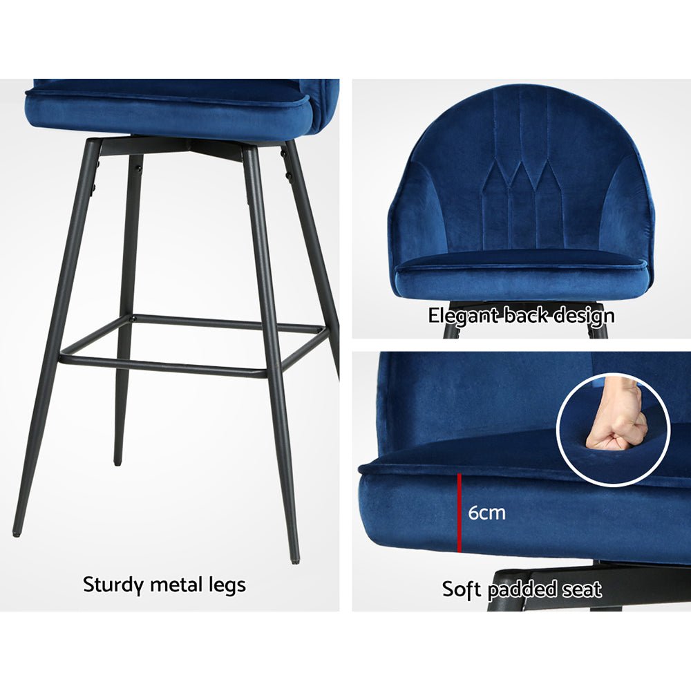 2x Mesial Bar Stools Velvet Swivel Metal Legs Blue - Direct On Sale