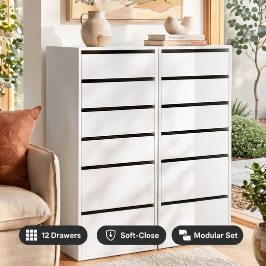 White dresser with black stripes in a living room setting