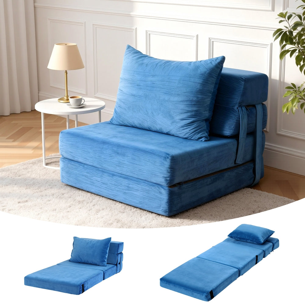 Blue foldable sofa in a room with a lamp and plant