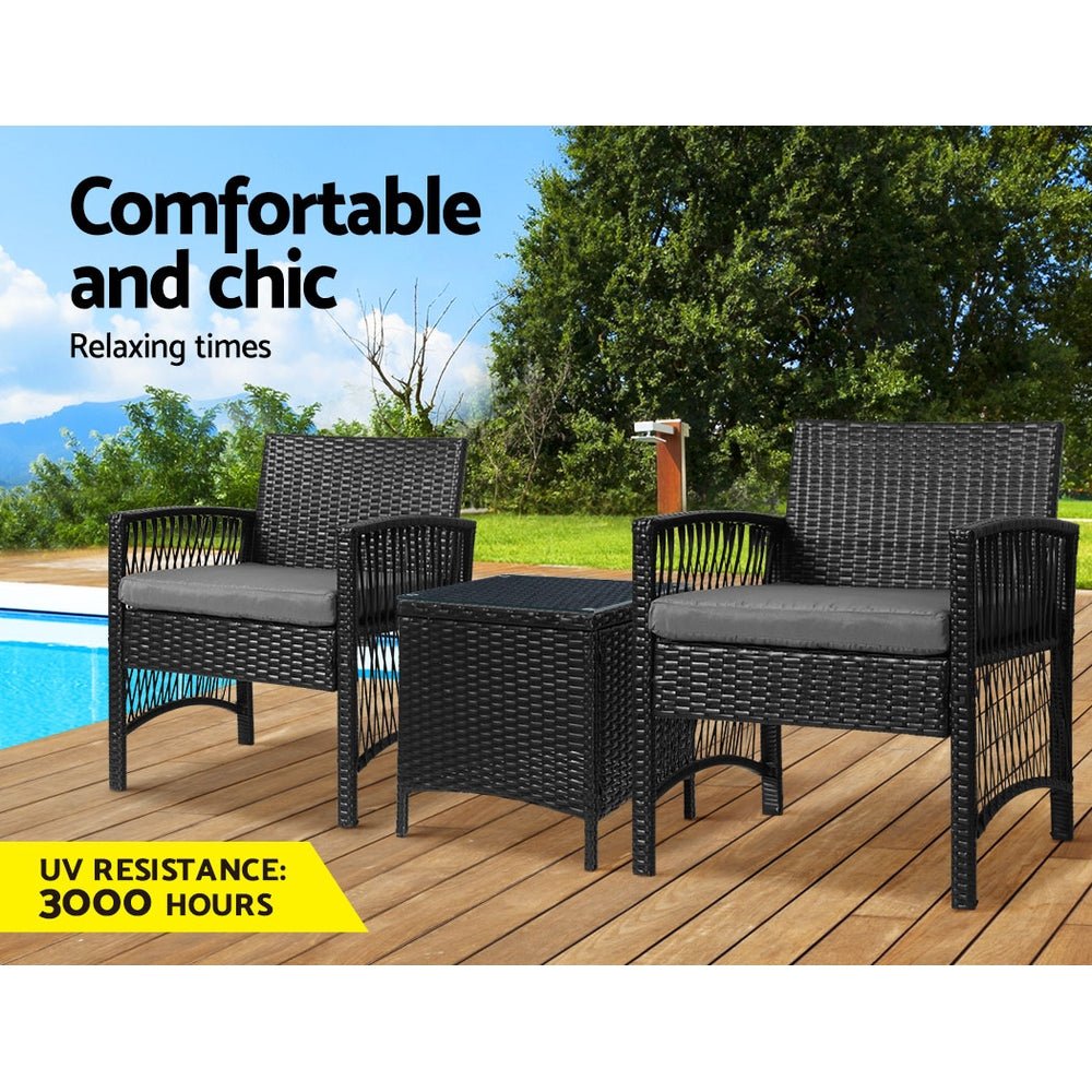 3 - Piece Outdoor Bistro Set - Stylish, Comfortable & Weather - Resistant Patio Furniture Wicker Dining Chairs Table Cushion Black - Direct On Sale